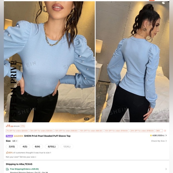 Baby blue SHEIN Prive Puff Sleeve Long Sleeve Shirt size XL with Pearl accent - Picture 1 of 5